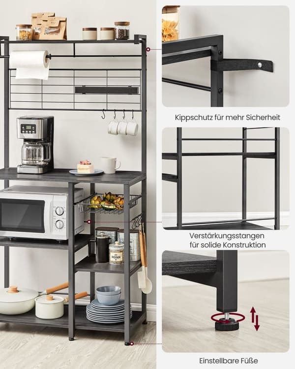 Rootz Ebony-Black Kitchen Baker's Rack - Säilytysteline - Järjestäjä - Lastulevy ja teräs - 42 cm x 90 cm x 167,3 cm - Raskas - Monikäyttöinen - Tilaa