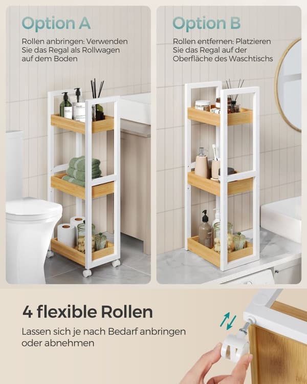 Rootz-säilytyskärry - Valkoiset-luonnolliset värit - MDF-bambu - Kevyt - Tilava - Helppo koota - 20cm x 30cm x 80cm