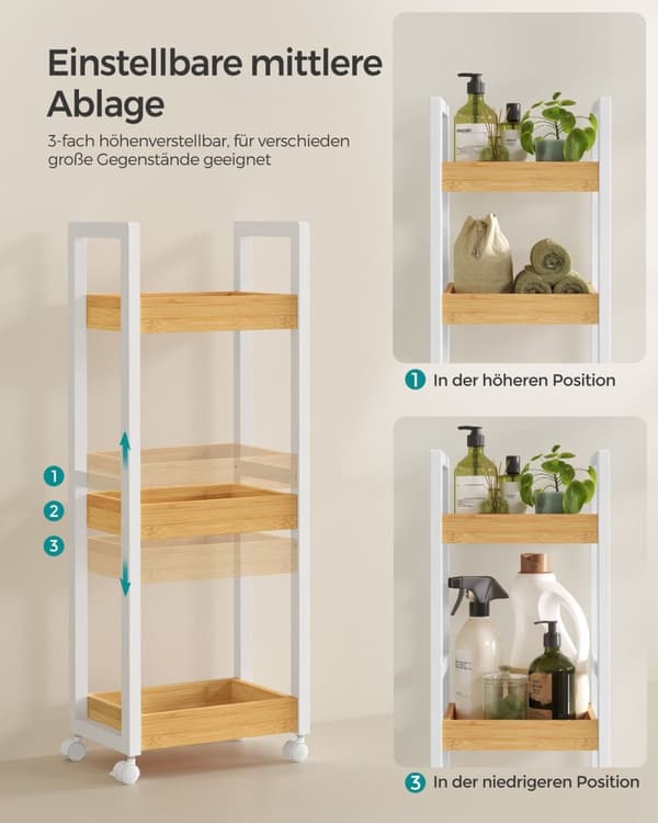 Rootz-säilytyskärry - Valkoiset-luonnolliset värit - MDF-bambu - Kevyt - Tilava - Helppo koota - 20cm x 30cm x 80cm