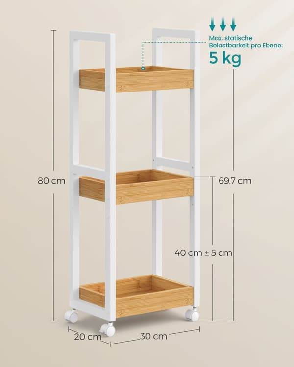Rootz-säilytyskärry - Valkoiset-luonnolliset värit - MDF-bambu - Kevyt - Tilava - Helppo koota - 20cm x 30cm x 80cm