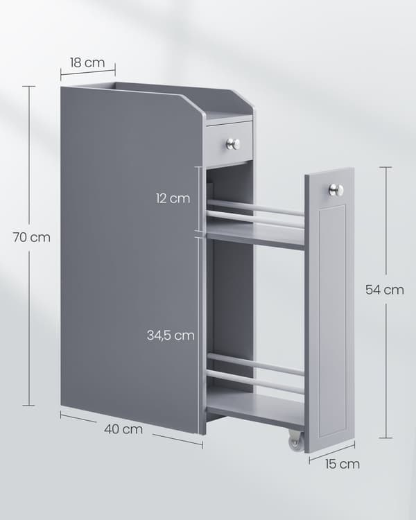Rootz Dove Grey smalt badrumsskåp - Förvaringsskåp - Organizer - MDF-material - Lättvikt - Utrymmesbesparande - Enkel montering - 40cm x 18cm x 70cm