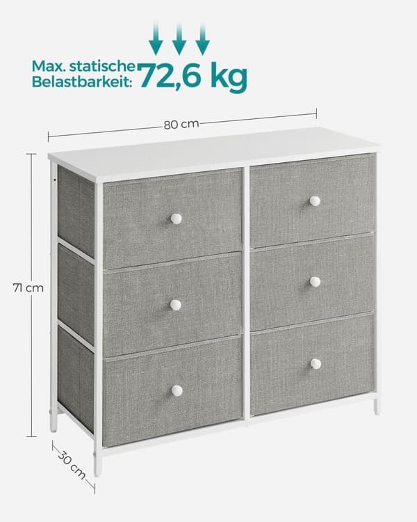 Rootz kommode med 3 skuffer - Opbevaringsskab - Kommode - Lysegrå hvid - Spånplade stål ikke-vævet stof - 30 cm x 80 cm x 71 cm - 10,2 kg Maks. vægt -
