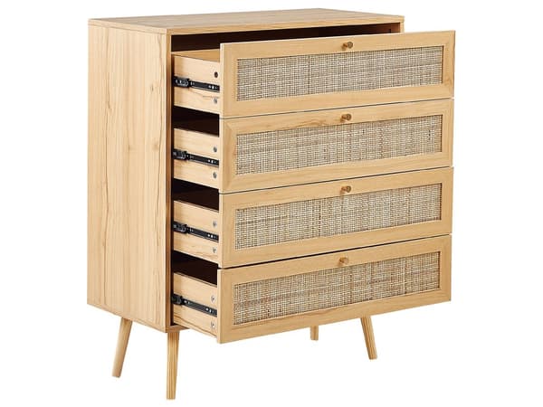 Skænk Rattan 4 Skuffer Lyst Træ Fremstillet Træ med Rattan Front Skuffer Boho Stil