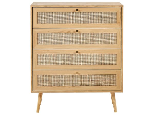 Skænk Rattan 4 Skuffer Lyst Træ Fremstillet Træ med Rattan Front Skuffer Boho Stil