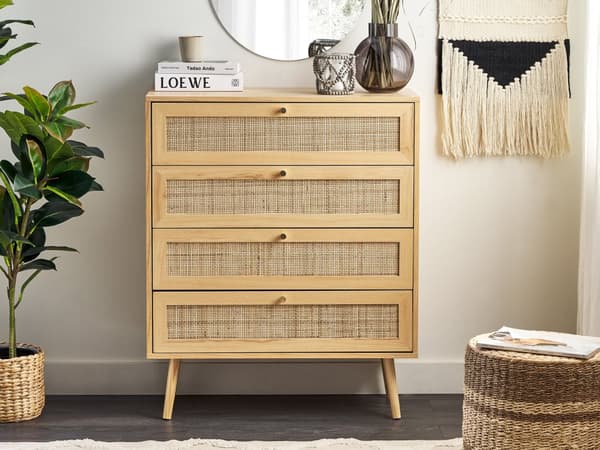 Skænk Rattan 4 Skuffer Lyst Træ Fremstillet Træ med Rattan Front Skuffer Boho Stil