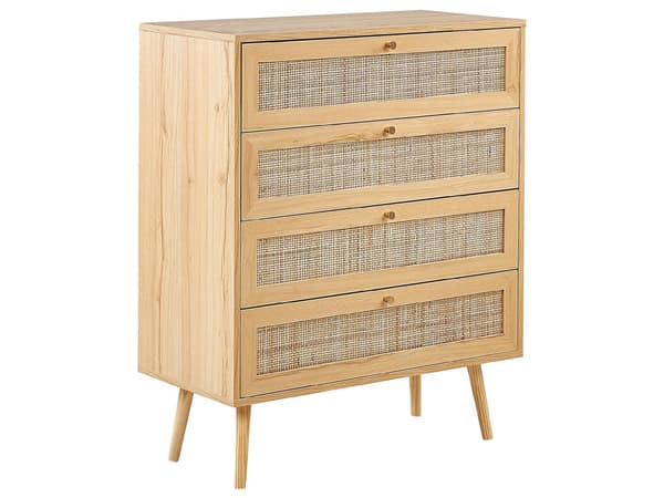 Skænk Rattan 4 Skuffer Lyst Træ Fremstillet Træ med Rattan Front Skuffer Boho Stil