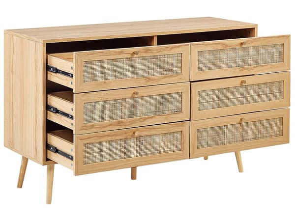 Skænk Rattan 6 Skuffer Lyst Træ Fremstillet Træ med Rattan Front Skuffer Boho Stil
