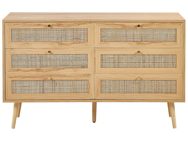 Skænk Rattan 6 Skuffer Lyst Træ Fremstillet Træ med Rattan Front Skuffer Boho Stil