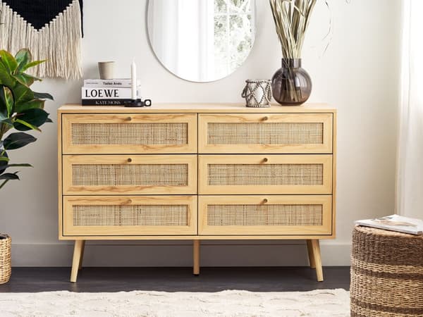 Skænk Rattan 6 Skuffer Lyst Træ Fremstillet Træ med Rattan Front Skuffer Boho Stil