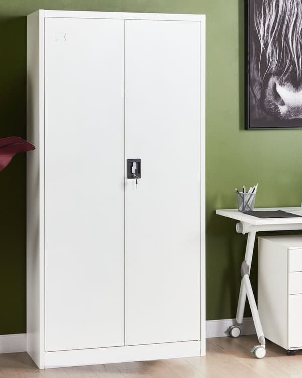 Kontorsskåp Vit Metall 90 x 40 x 184 cm med Skjutdörrar Hyllplan Låsbara Industriell Stil