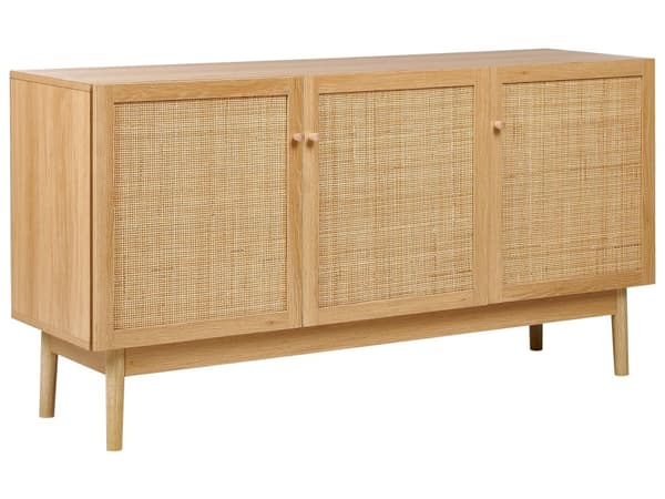 Senkki vaalea lastulevy mäntyjalat 135 x 40 x 70 cm hyllyillä rottinkiverkko ovilla boho rustiikkinen tyyli