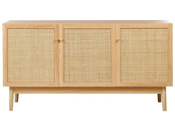 Kommode lys spånplade fyrretræsben 135 x 40 x 70 cm med hylder rattanlåger boho rustik stil