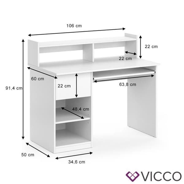 VICCO Keno arbetsbord - Vit - Datorbord med förvaring