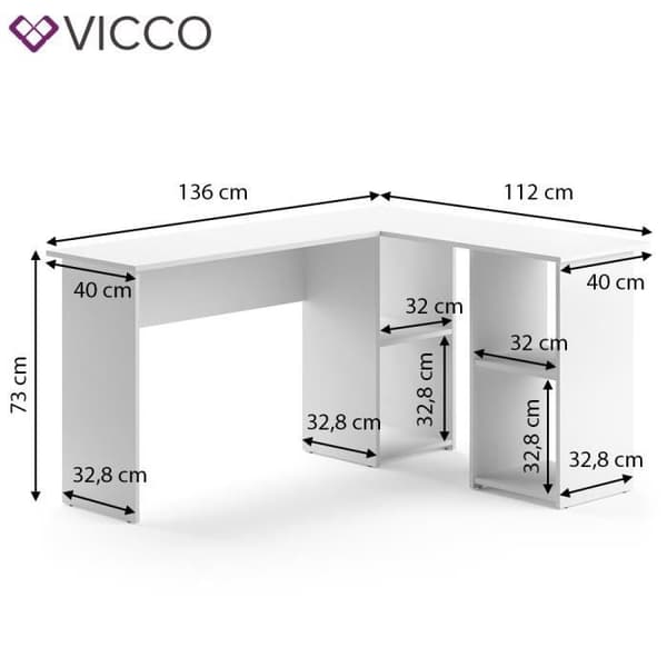 VICCO CARLO hörnskrivbord - Vit - Modern design - 136 x 73 x 112 cm