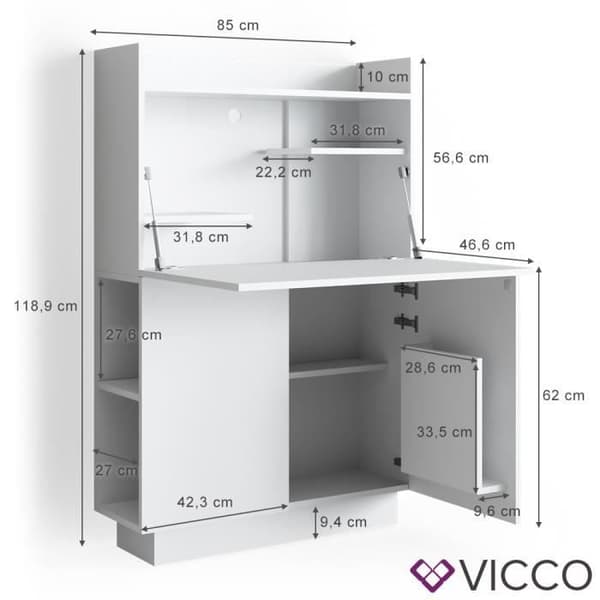 Sekreterare - VICCO - Alena - Vit - Kontorsmöbler - Arkivskåp - PC-bord