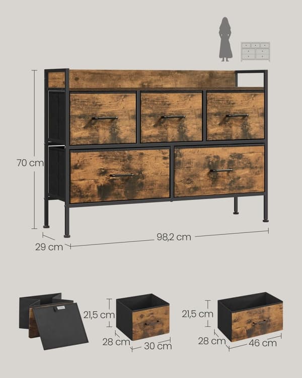 Rootz 4 lipasto - Säilytyskaappi - Lipasto - Lastulevy ja MDF - Teräsrunko - Vintage Ruskea & Muste musta - 29 cm x 98,2 cm x 70 cm