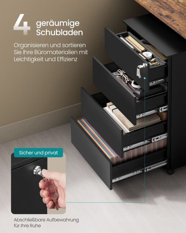 Rootz 3 Drawer Rolling Container - Teräksinen säilytysjärjestelmä - Mattamusta viimeistely - Heavy Duty - 45 cm x 39 cm x 55 cm