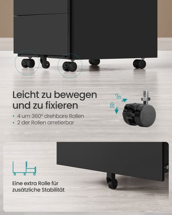 Rootz 3 Drawer Rolling Container - Teräksinen säilytysjärjestelmä - Mattamusta viimeistely - Heavy Duty - 45 cm x 39 cm x 55 cm