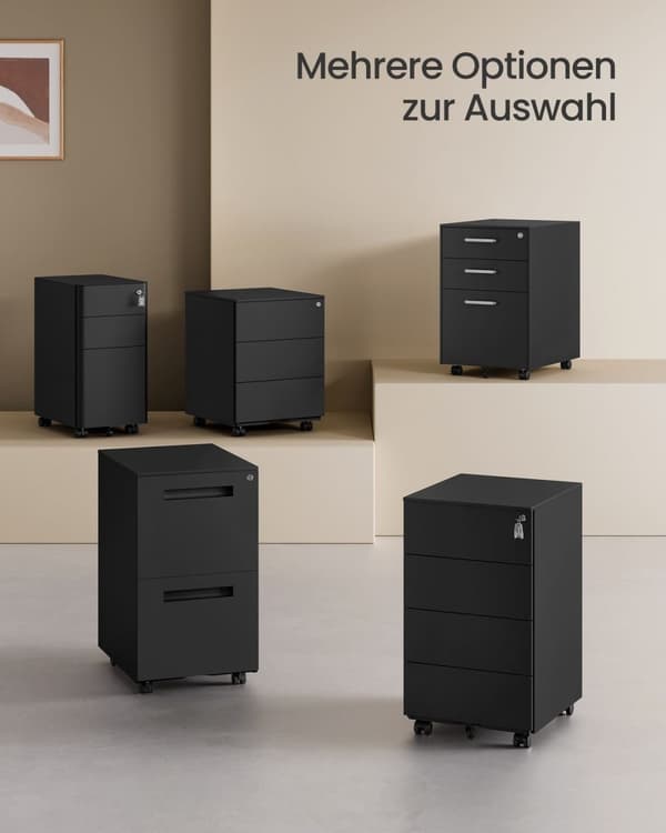 Rootz 3 Drawer Rolling Container - Teräksinen säilytysjärjestelmä - Mattamusta viimeistely - Heavy Duty - 45 cm x 39 cm x 55 cm