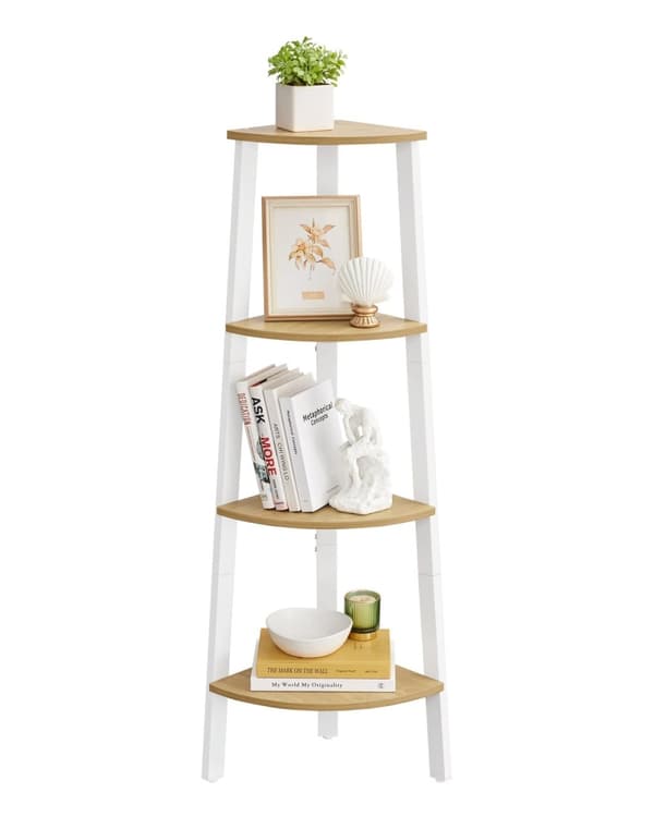 Rootz hjørnehylde - Displayhylde - Moderne design - Spånplader og stål - 33,4 cm x 33,4 cm x 125 cm - Naturlig eg-farve - 5 kg Kapacitet
