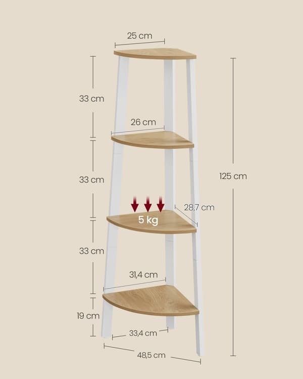 Rootz hjørnehylde - Displayhylde - Moderne design - Spånplader og stål - 33,4 cm x 33,4 cm x 125 cm - Naturlig eg-farve - 5 kg Kapacitet