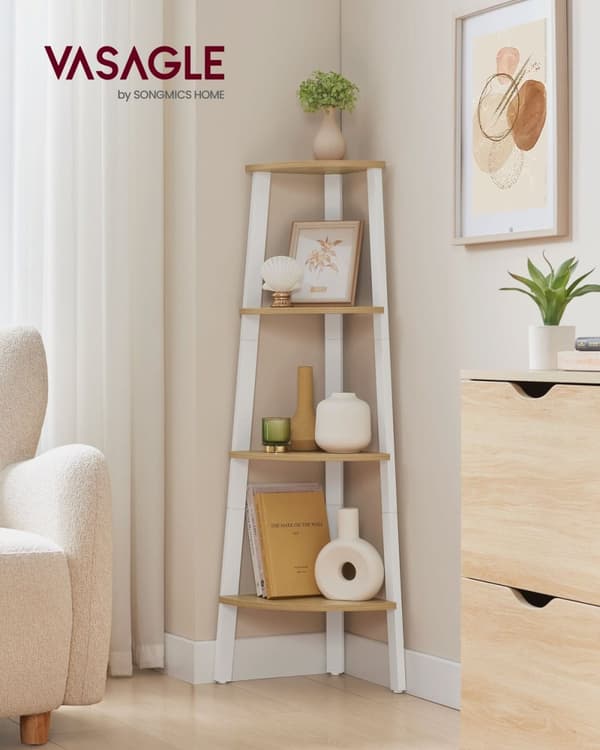 Rootz hjørnehylde - Displayhylde - Moderne design - Spånplader og stål - 33,4 cm x 33,4 cm x 125 cm - Naturlig eg-farve - 5 kg Kapacitet