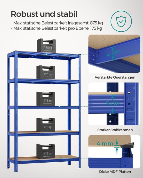 Rootz garageopbevaringsstativ - Stålreolsystem - Organiseringsværktøj - 175 kg Max belastning - 200 cm x 120 cm x 60 cm - Slidfast ramme