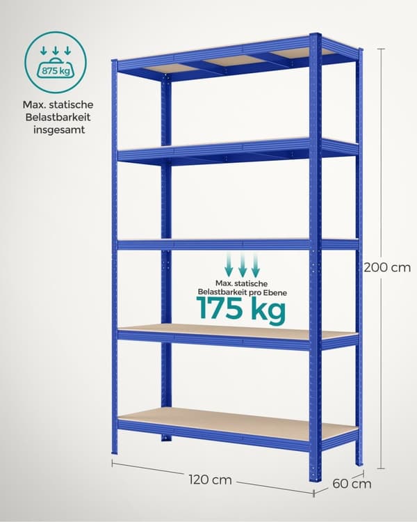 Rootz garageopbevaringsstativ - Stålreolsystem - Organiseringsværktøj - 175 kg Max belastning - 200 cm x 120 cm x 60 cm - Slidfast ramme