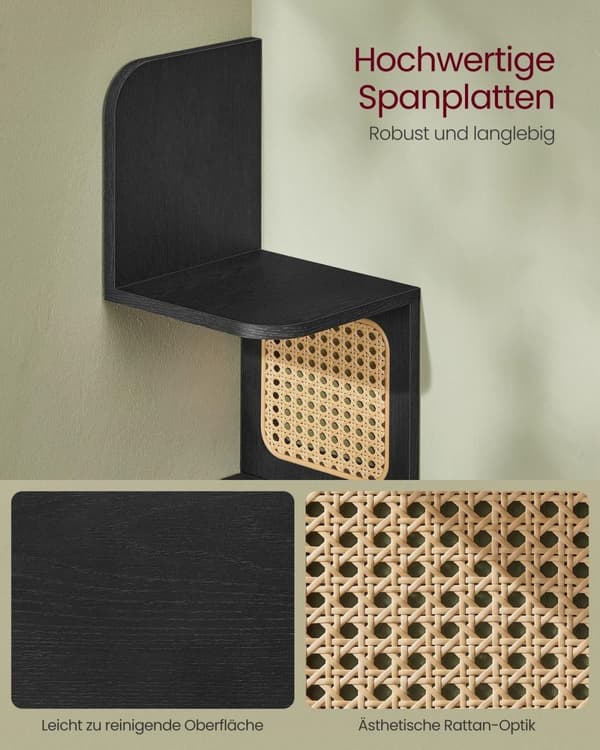 Rootz hjørnehylde - Flydende hylde - Vægmonteret hylde - Spånplade, PVC-plast - 20 cm x 20 cm x 126 cm - Ask sort - Letvægts - 3,2 kg