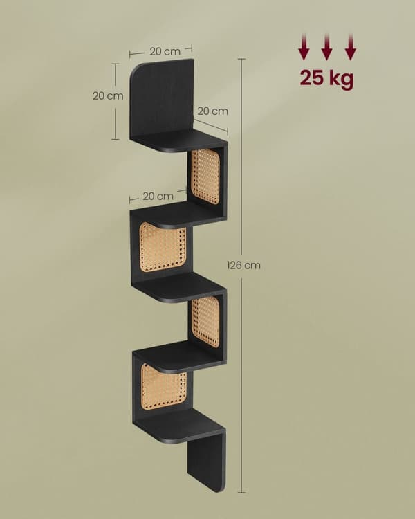 Rootz hjørnehylde - Flydende hylde - Vægmonteret hylde - Spånplade, PVC-plast - 20 cm x 20 cm x 126 cm - Ask sort - Letvægts - 3,2 kg