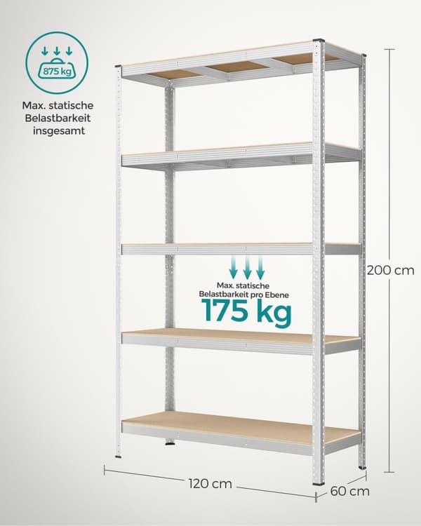 Rootz Garage Förvaringsställ - Hylla - Hyllsystem - Stålram - MDF-hyllor - Rostbeständig - 200 cm x 120 cm x 60 cm
