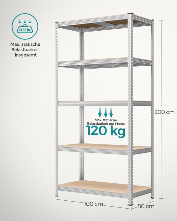 Rootz Garageopbevaringsstativ - Stålreolsystem - Justerbare hylder - Stærk støtte - Rustbestandig - 200 cm x 100 cm x 50 cm