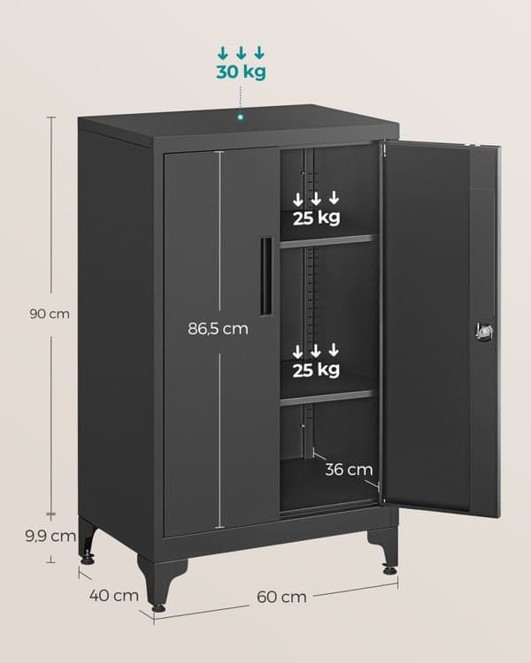 Rootz Metalskab - Opbevaringsskab - Stålskab - Kraftige hylder - 40 cm x 60 cm x 90 cm - Blæk sort - 17,6 kg - 30 kg Belastningskapacitet