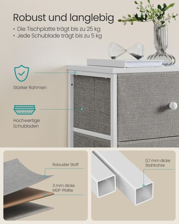 Rootz Opbevaringsskab - Skuffeorganisator - Spånplade - Dove Grey-Cream White - 29,8 cm x 45 cm x 112,3 cm - Stålramme - Stofskuffe foran