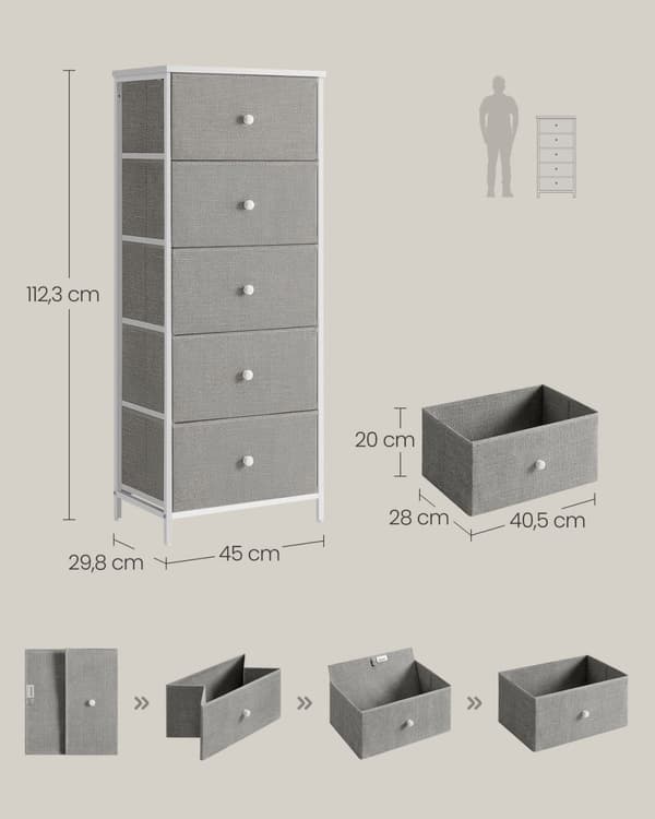 Rootz Opbevaringsskab - Skuffeorganisator - Spånplade - Dove Grey-Cream White - 29,8 cm x 45 cm x 112,3 cm - Stålramme - Stofskuffe foran