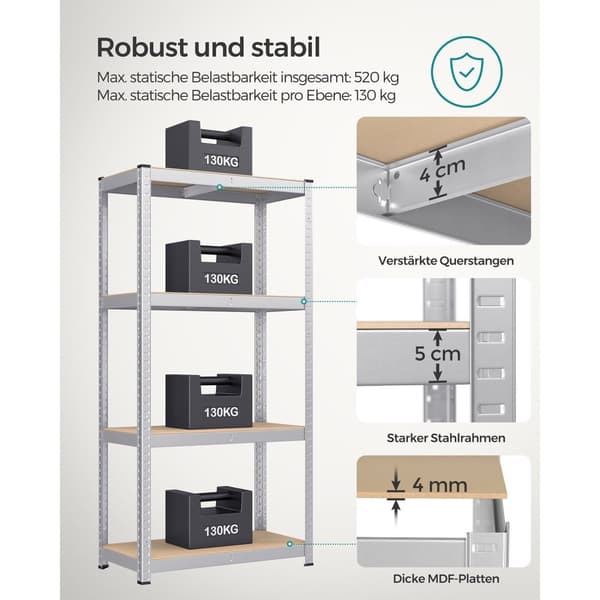 Rootz Opbevaringsstativ - Reol - Metalhylder - Heavy Duty - 40 cm x 80 cm x 160 cm - Galvaniseret stål - MDF - 10 kg - Sølv