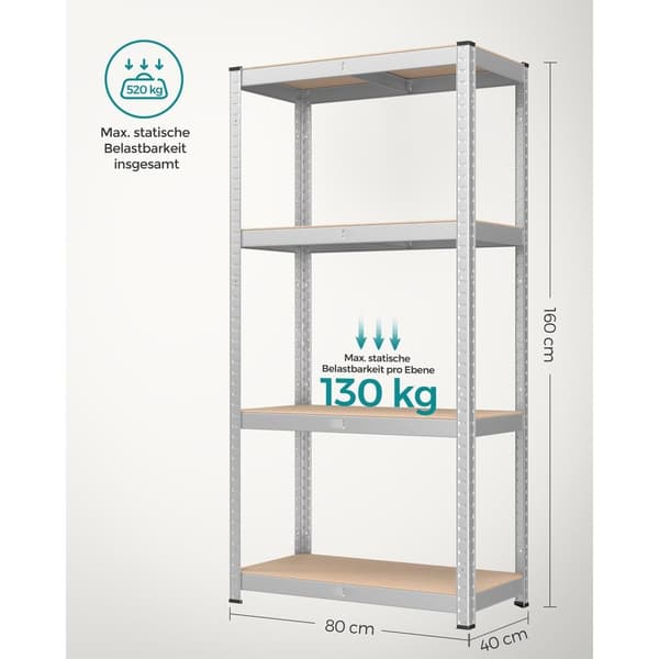 Rootz Opbevaringsstativ - Reol - Metalhylder - Heavy Duty - 40 cm x 80 cm x 160 cm - Galvaniseret stål - MDF - 10 kg - Sølv