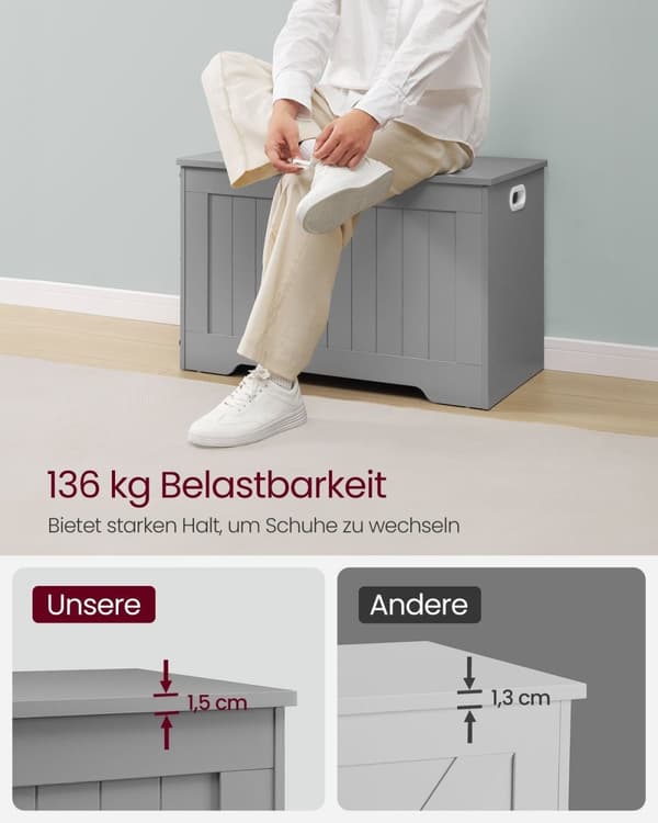 Rootz-kenkäpenkki istuimella - Sisääntulopenkki - Säilytyspenkki - Lastulevy materiaali - 40cm x 76cm x 48cm - Dove Grey - 13kg Paino - 136kg Kapasite