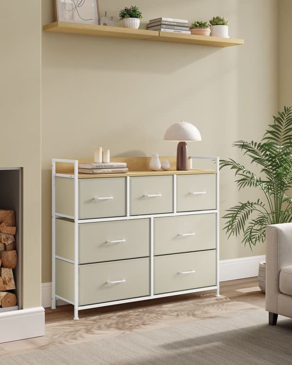 Rootz White 6-skuffers kommode - Trækiste - Stofskuffefronter - Spånplade - 28,5 cm x 98 cm x 85 cm - Organizer - 6 skuffer