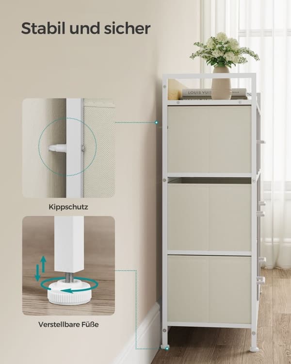 Rootz White 6-skuffers kommode - Trækiste - Stofskuffefronter - Spånplade - 28,5 cm x 98 cm x 85 cm - Organizer - 6 skuffer