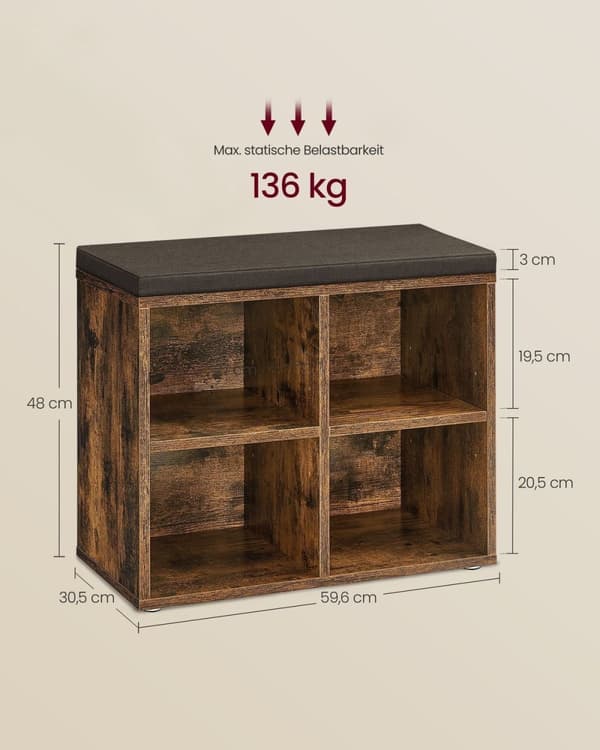 Rootz Vintage Brown-Maroon kenkäpenkki - Säilytyspenkki - Vaahtomuovipehmustettu istuin - Lastulevyrakenne - 30,5 cm x 59,6 cm x 48 cm