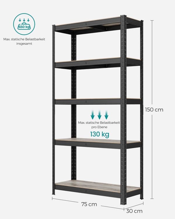 Rootz Opbevaringsstativ - Reolsystem - Brugsstativ - Stål og MDF - Rustbestandig - Justerbare hylder - 150 cm x 75 cm x 30 cm