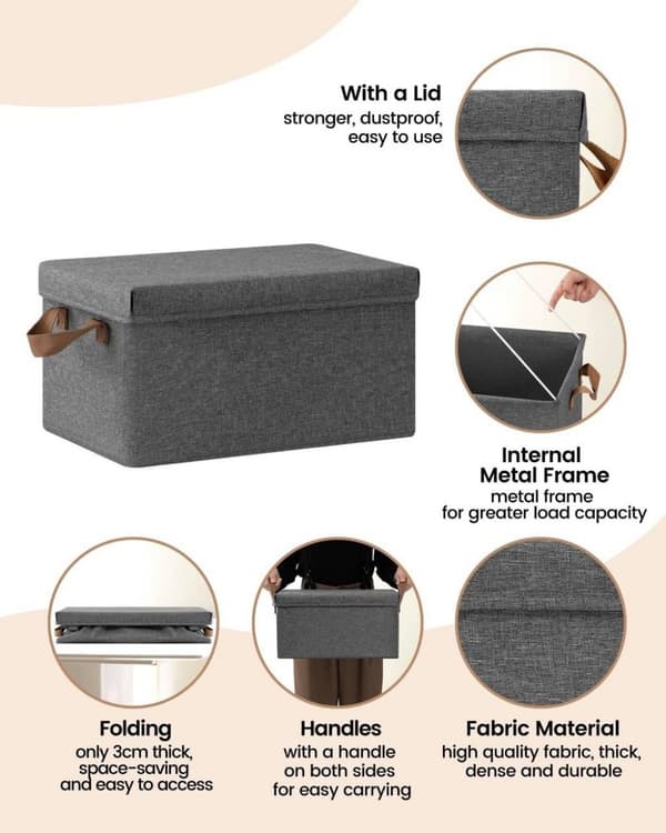 Rootz 3-osainen säilytyslaatikko kannella - Kangaskorit - Kokoontaittuva muotoilu - Hengittävä materiaali - 20L/27L/36L/51L - Monikäyttöinen - 1x 20L,