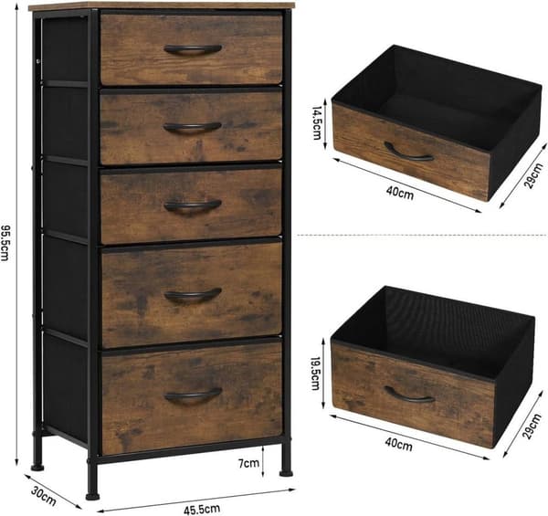 Rootz-kankainen lipasto Vintage Wood Lookilla - Makuuhuoneen lipasto - 5-laatikkoinen senkki - Järjestäjä - 45,5 x 95,5 x 30 cm