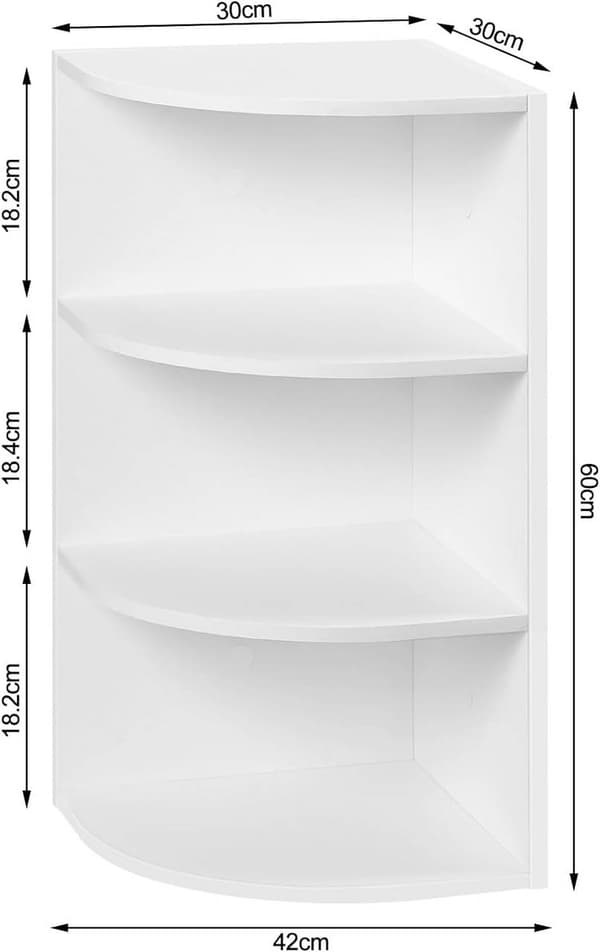 Rootz-riippuva kulmahylly - Valkoinen viuhkanmuotoinen seinähylly - Monitasoinen säilytystila - E1 Engineered Wood - Tilaa säästävä - 30cm x 60cm x 30