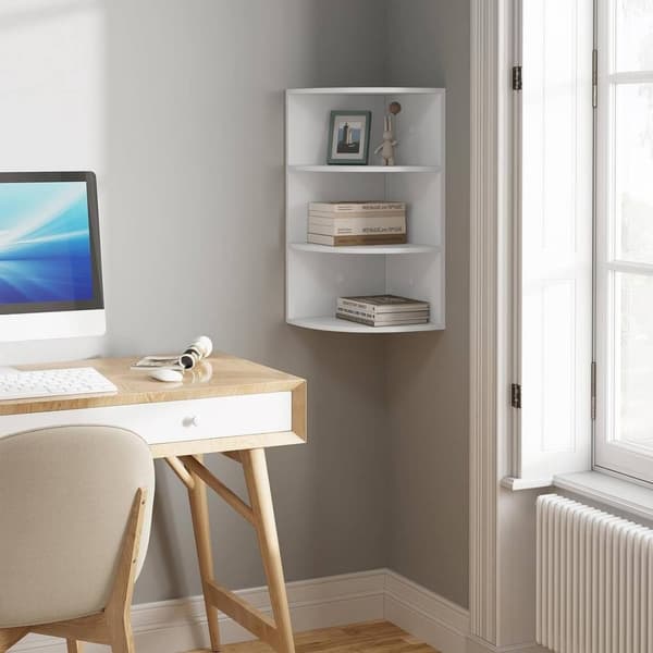 Rootz-riippuva kulmahylly - Valkoinen viuhkanmuotoinen seinähylly - Monitasoinen säilytystila - E1 Engineered Wood - Tilaa säästävä - 30cm x 60cm x 30