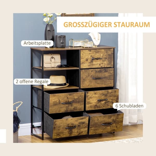 Rootz kommode - Industrielt opbevaringsskab - Kommode - Skænk - 6 skuffer - 2 hylder - Stålramme - MDF-paneler - 84 cm x 30 cm x 92 cm