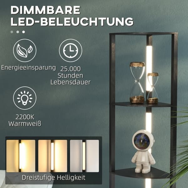 Rootz LED-golvlampa med hylla - Modern svart stående lampa - Hög hörnlampa - 3 ljusstyrkanivåer - Integrerad LED - 41cm x 29,5cm x 163,5cm