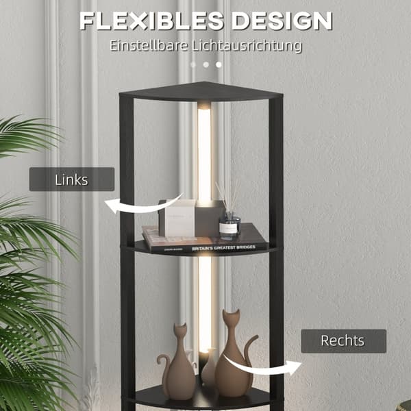 Rootz LED-golvlampa med hylla - Modern svart stående lampa - Hög hörnlampa - 3 ljusstyrkanivåer - Integrerad LED - 41cm x 29,5cm x 163,5cm