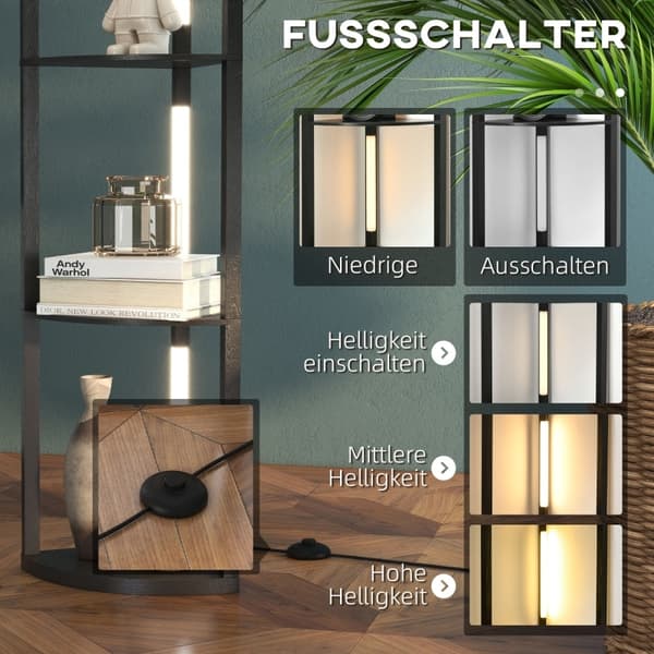 Rootz LED-golvlampa med hylla - Modern svart stående lampa - Hög hörnlampa - 3 ljusstyrkanivåer - Integrerad LED - 41cm x 29,5cm x 163,5cm